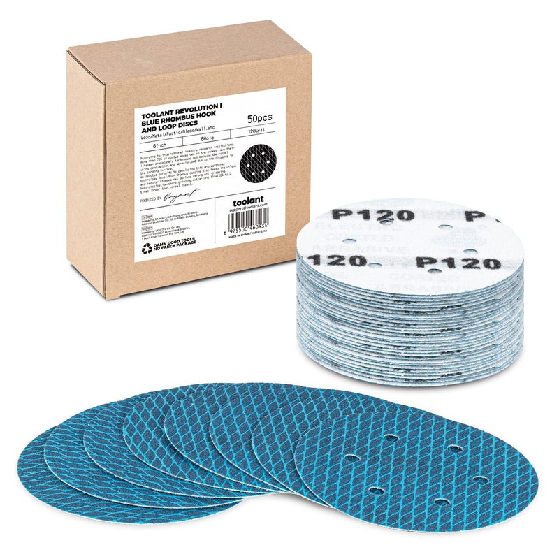 toolant Diamond Shape 6 Inch 120 Grit Sanding Disc, Revolutionary Patent 6 Hole Hook and Loop Sanding Discs for Random Disc Sanders & Orbital Sanders (50Pack) by - Image 1